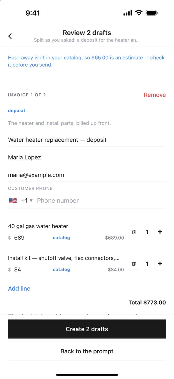 The Paybrain app's Review 2 drafts screen: a deposit invoice for a water heater at catalog prices, with a note that the haul-away price is an estimate