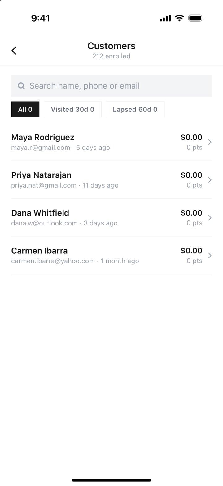 The customer list with visit history