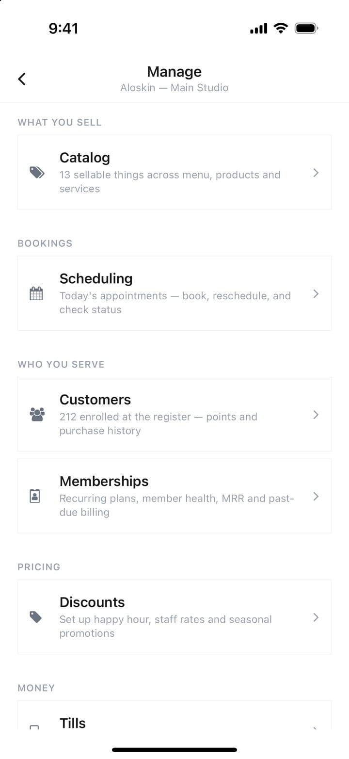 The Manage hub: catalog, scheduling, customers, memberships and discounts