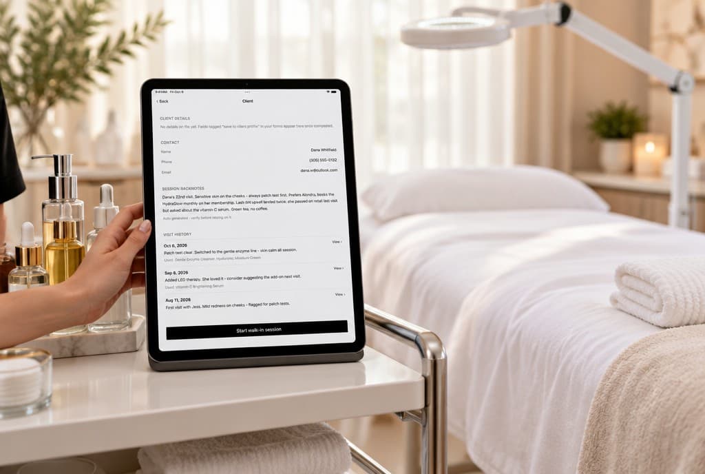 In a treatment room, the provider app’s client page on an iPad beside the treatment bed