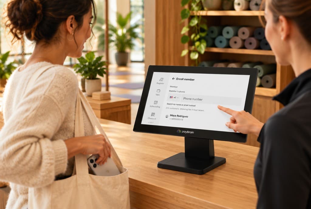 At a yoga club welcome desk, staff point to the register's Enroll member screen while a new member signs up