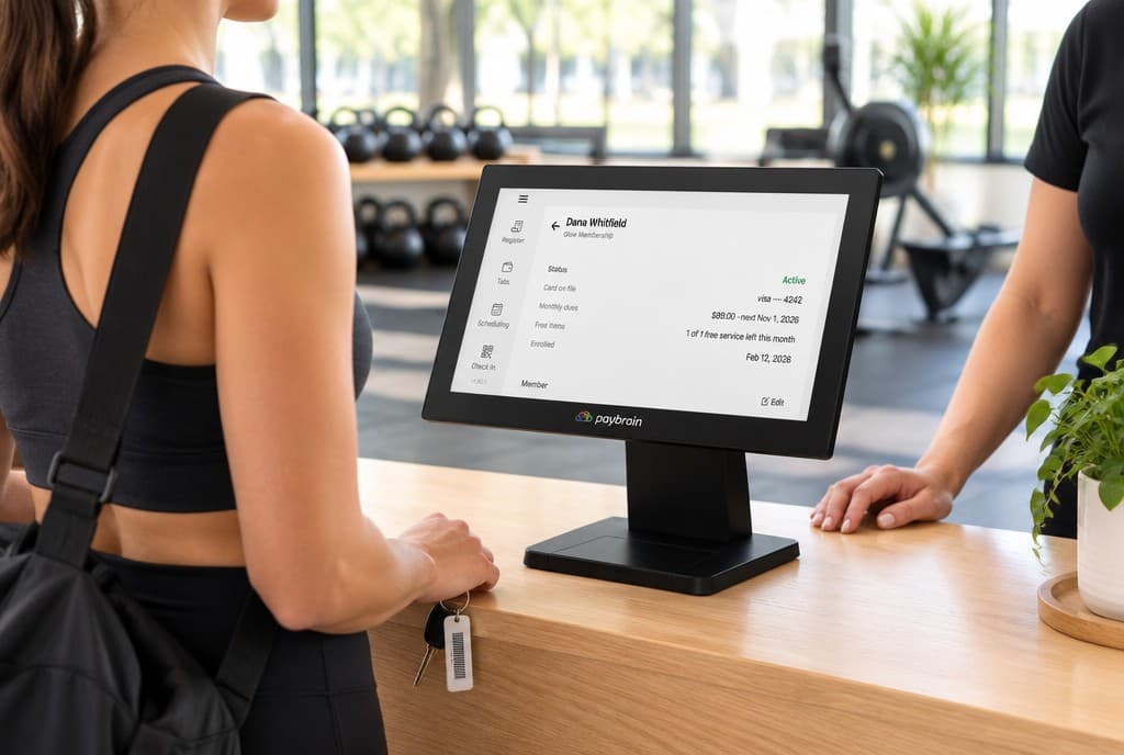At a fitness studio front desk, a member with her keytag waits as the register shows her plan — active, card on file, dues and the free-service perk left this month