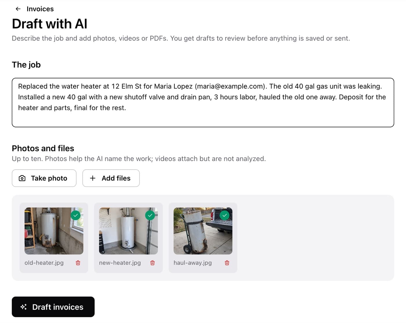 Draft with AI: the job described in a sentence — replaced a leaking water heater for Maria Lopez — with three photos from the job attached