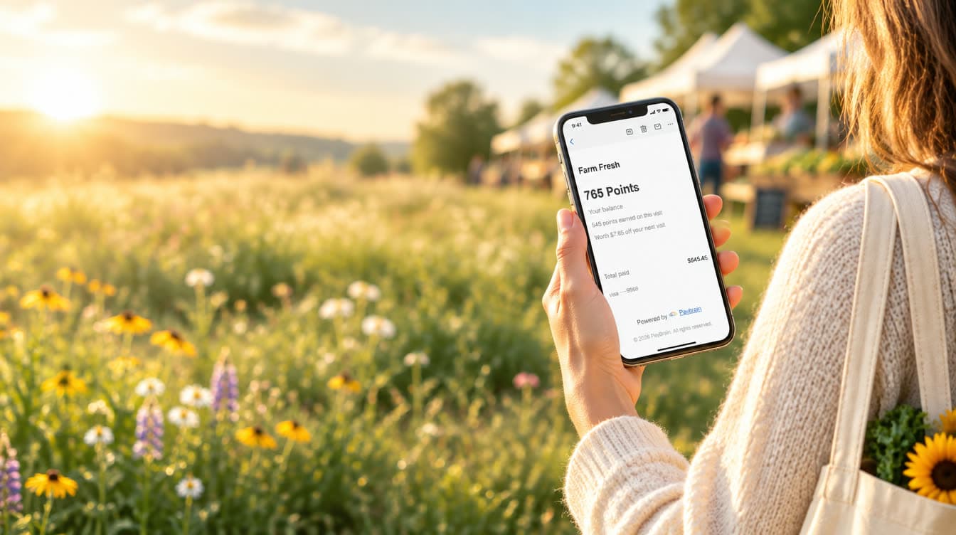 Out in the sun, a customer checks their emailed receipt — 765 points and the total — on their phone