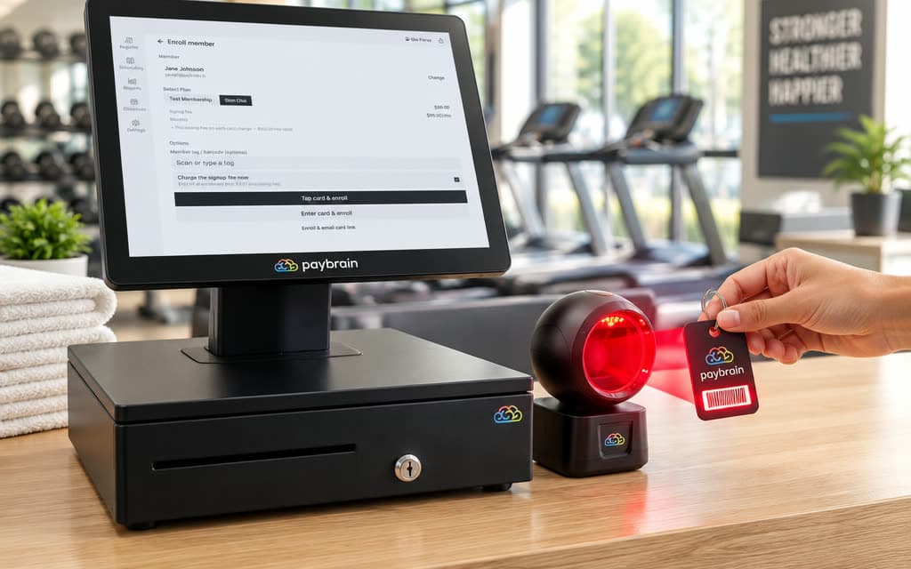 A member's keytag barcode lit by the scanner's red beam at the gym front desk, register showing the member screen