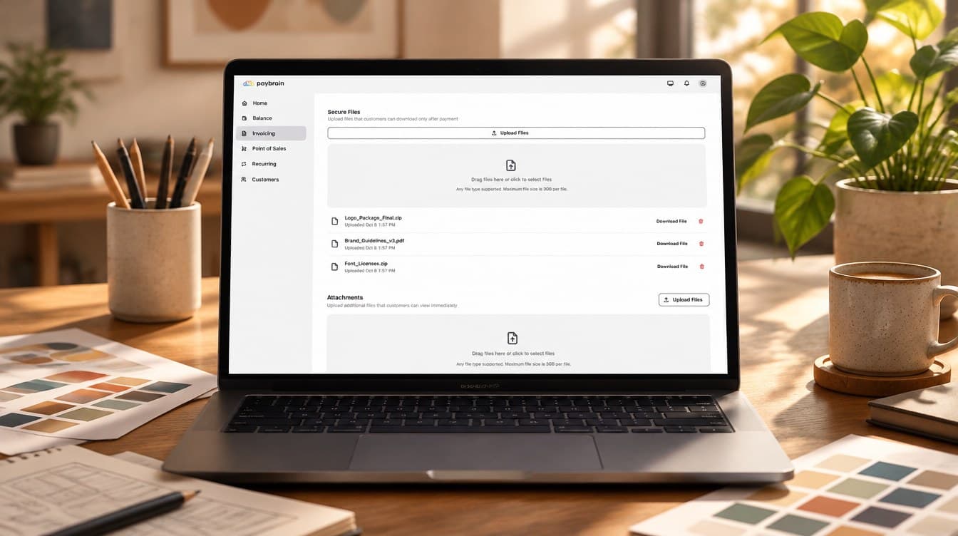 A designer's laptop showing the invoice builder's Secure Files section with three finished files uploaded, downloadable only after payment