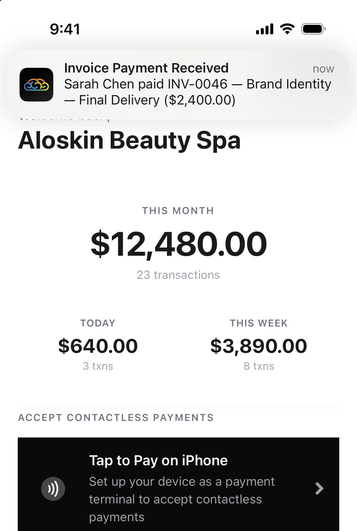 The Paybrain app's push notification: invoice payment received, Sarah Chen paid INV-0046, over the dashboard