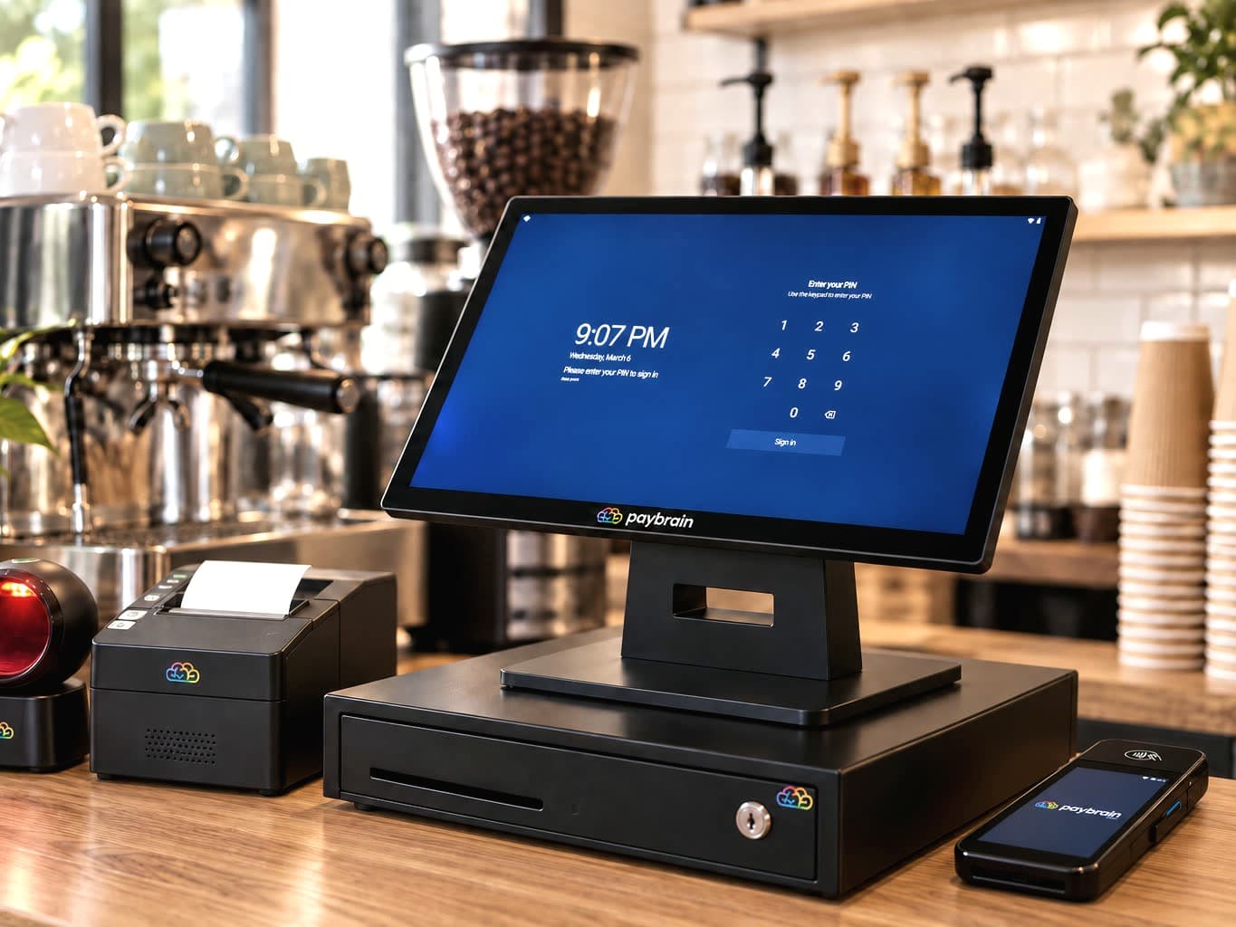 The Paybrain Register on a café counter with its drawer, receipt printer and orb scanner