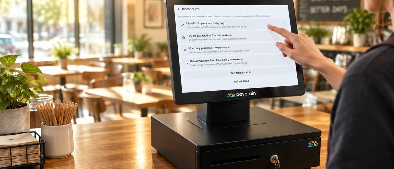 During the midday lull, the register's Ideas for you screen pitches four ready-to-run promos — a trending item, a top seller, a win-back and a slow mover — as the owner reaches to tap one