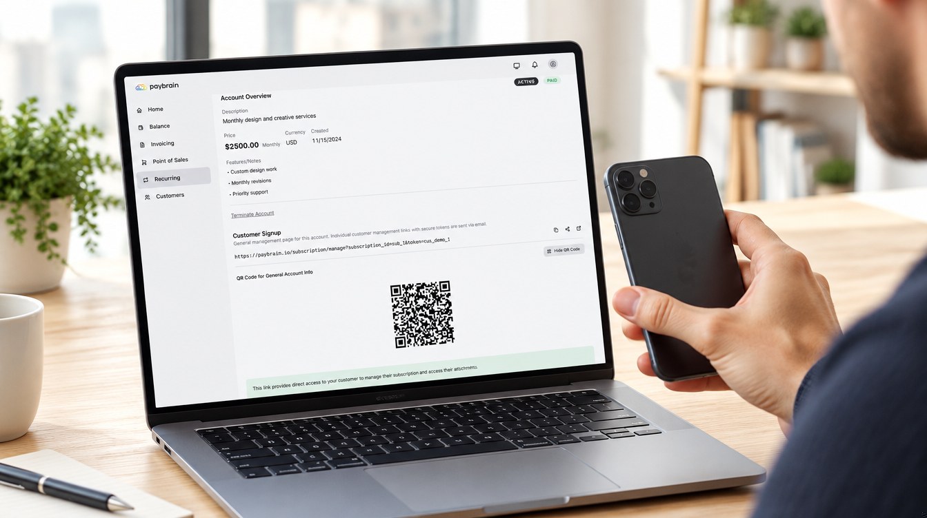 A client holds their phone up to the laptop screen, scanning a recurring plan's sign-up QR code