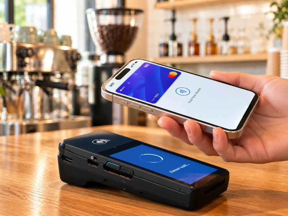 Customer tapping their phone on the handheld reader at the café counter