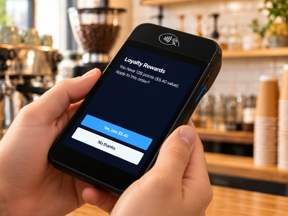 Loyalty Rewards screen on the handheld offering to apply 108 points to the order