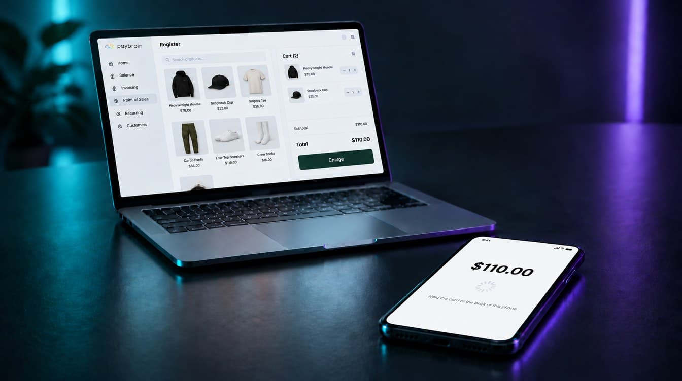 On a dark table, a laptop runs the Paybrain web register with a hoodie and a cap in the cart for $110.00, and a phone beside it shows $110.00 and Hold the card to the back of this phone