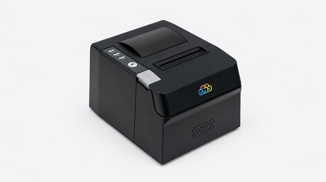 Paybrain thermal receipt printer, three-quarter view