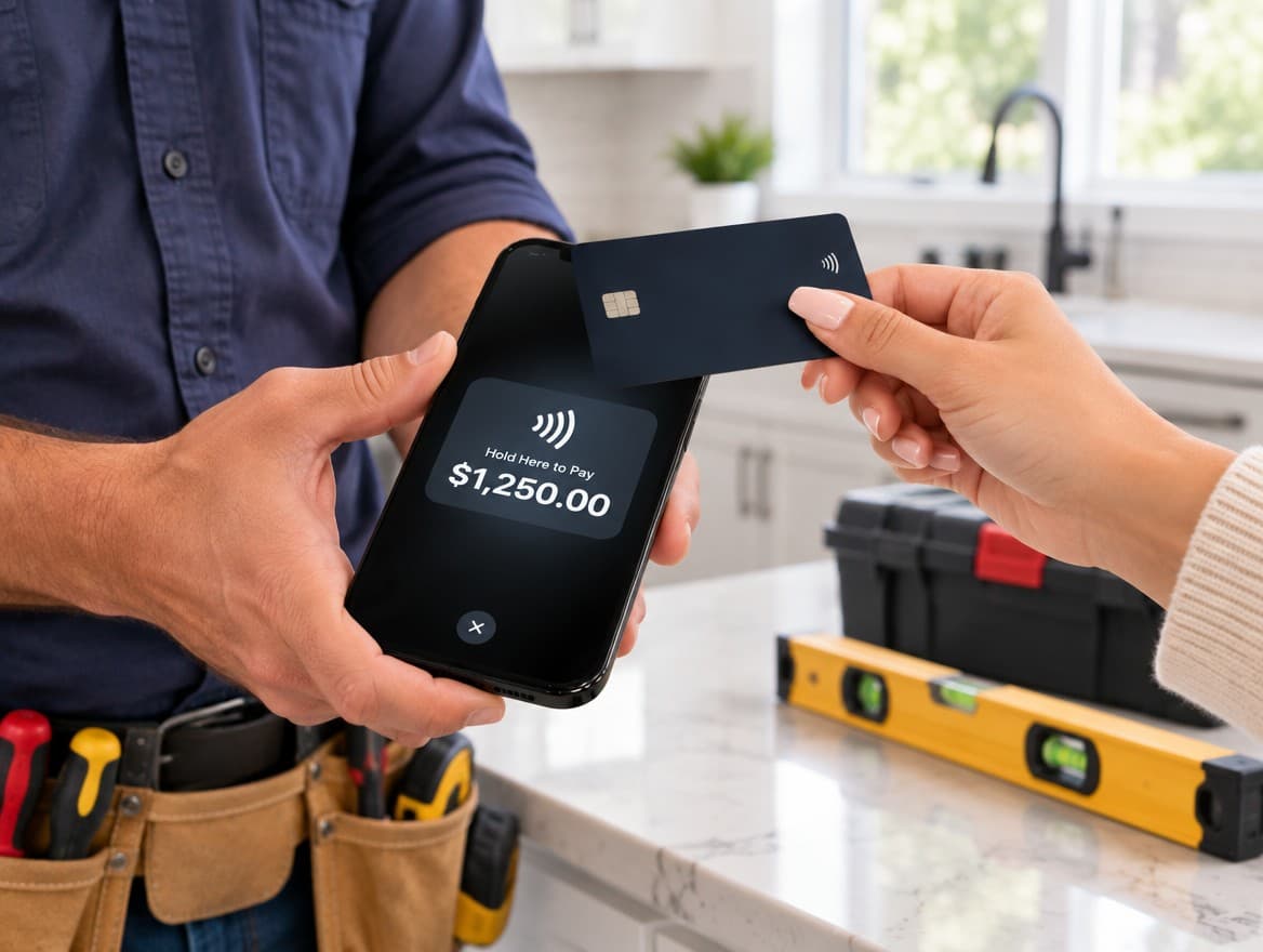 A contractor takes a $1,250 payment on his phone as the homeowner taps a card in a newly renovated kitchen