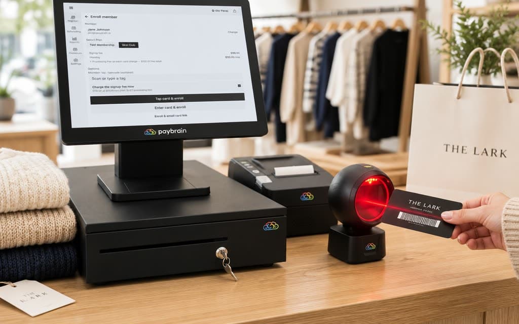 A boutique's perks card scanned on the orb scanner at the counter, the register showing the member's plan