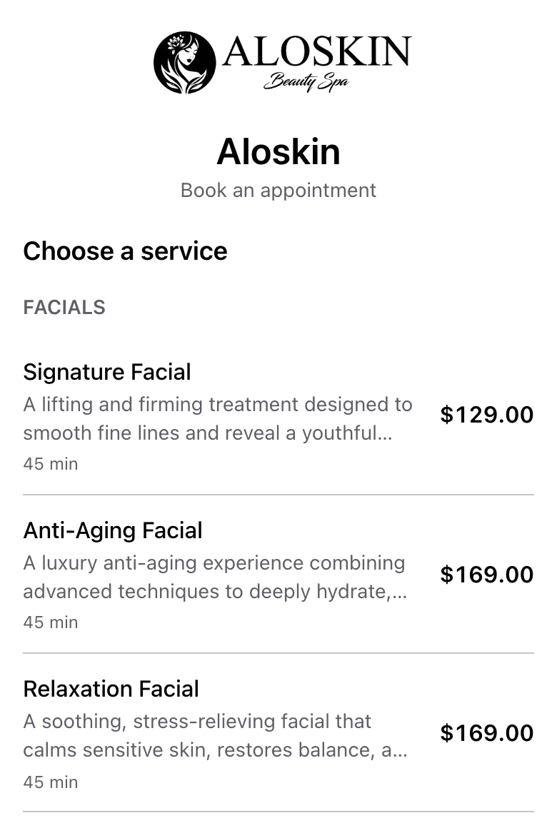 The booking page on a phone: choosing a facial from the spa's service menu