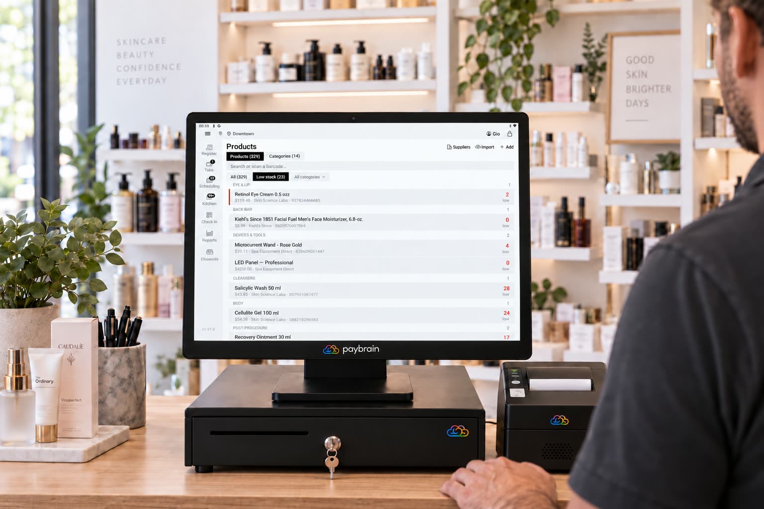 The register's Products screen with live stock counts and the low-stock filter