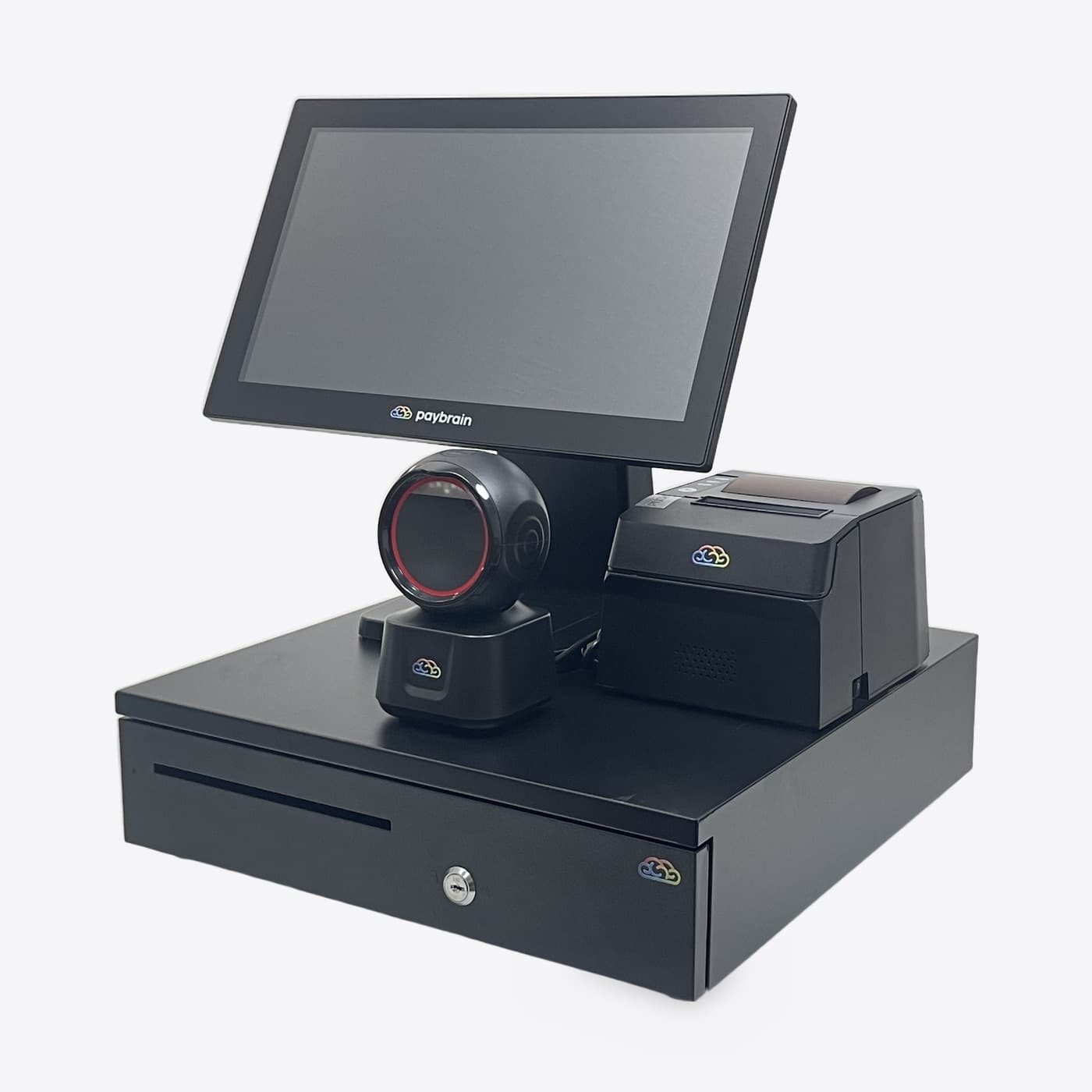 The Paybrain Register set up: 15-inch touchscreen, orb barcode scanner and receipt printer on top of the black cash drawer
