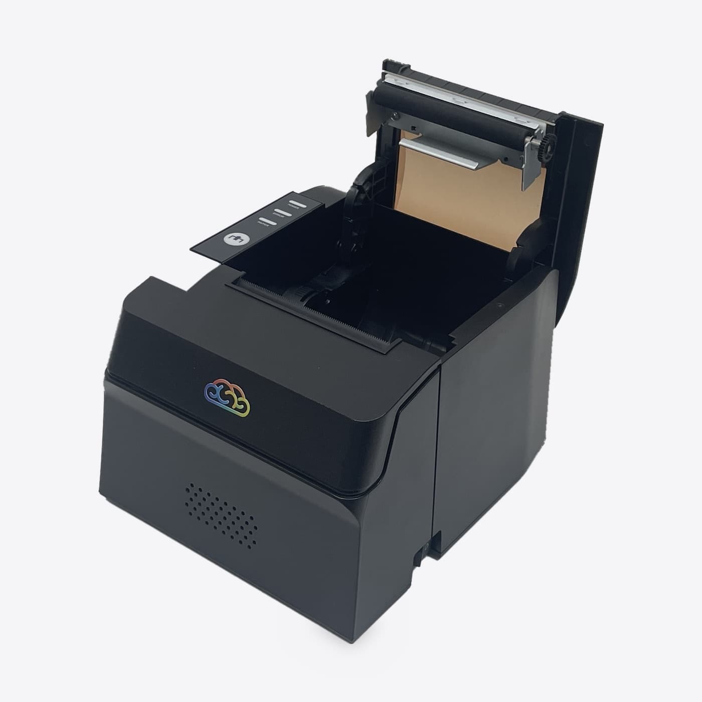 The receipt printer with its lid open and the paper compartment empty