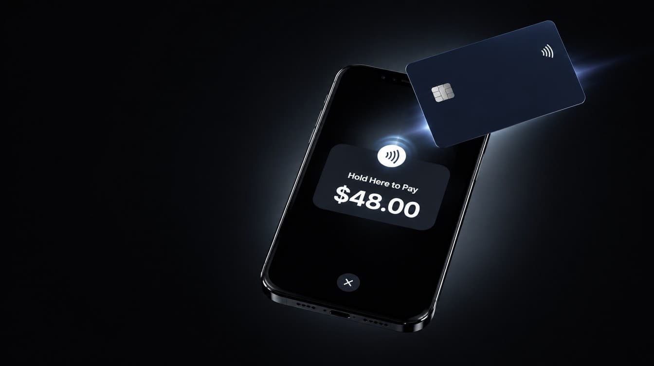 A phone running Paybrain Tap to Pay shows Hold Here to Pay, $48.00, as a card approaches
