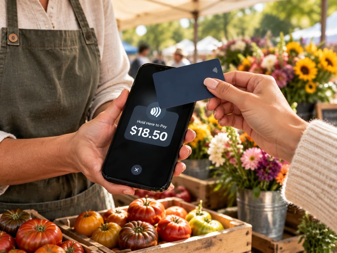 A market stall owner takes an $18.50 tap on her phone