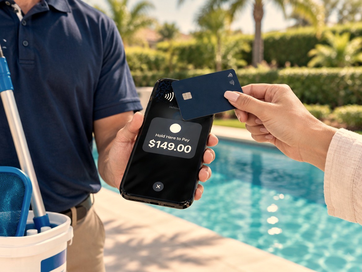 A pool technician starts a $149 monthly plan as the homeowner taps a card